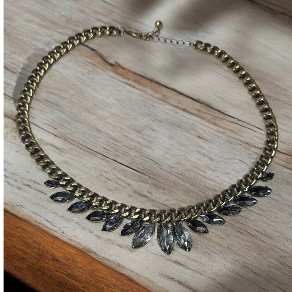 Rhinestone Chocker with Brass Tone Chain Necklace Vintage